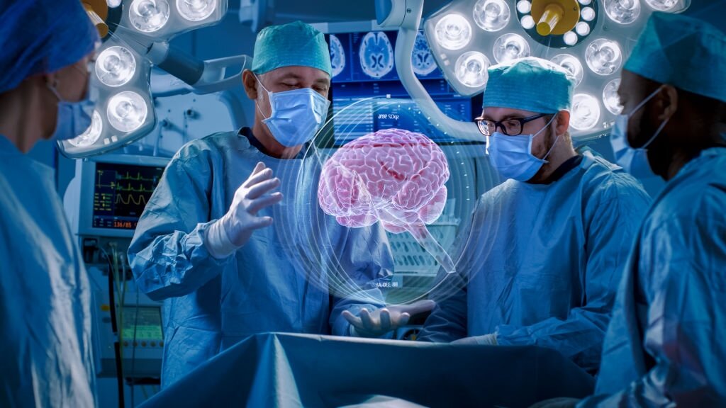 Surgeons Perform Brain Surgery Using Augmented Reality, Animated 3D Brain. High Tech Technologically Advanced Hospital. Futuristic Theme.